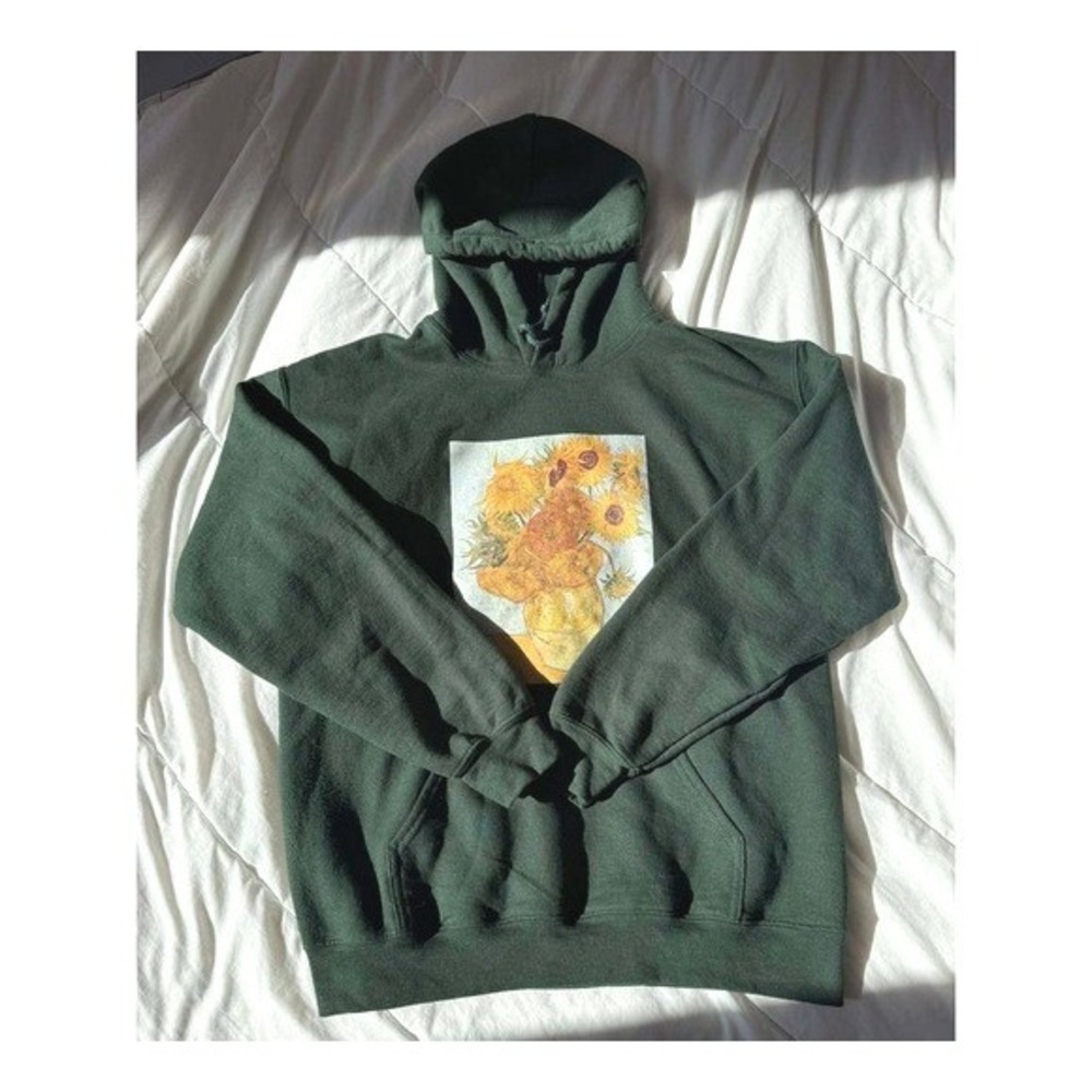 Gildan Van Gogh Sunflowers Hoodie Dark Green Art Pullover Sweatshirt, Size M